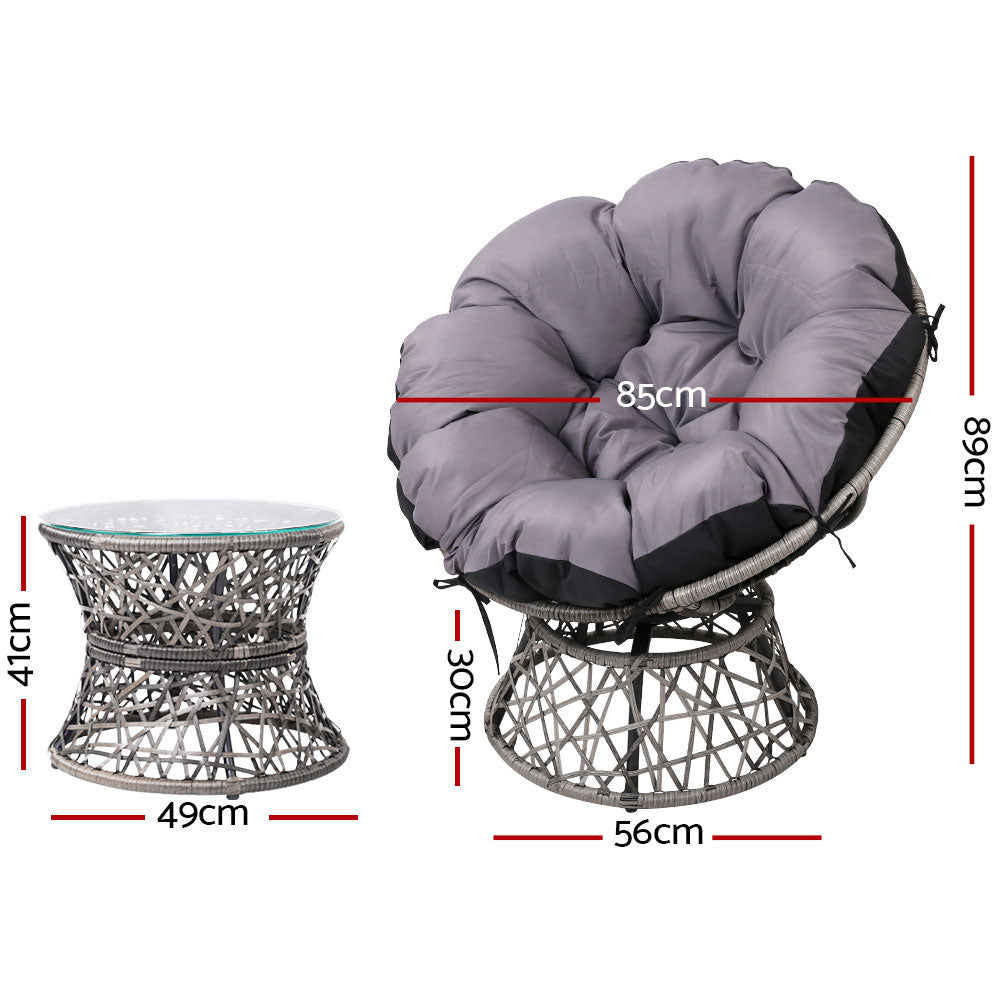 Marl 3-Piece Outdoor Papasan Chair and Table Bistro Set Lounge Setting Patio Furniture Wicker - Grey