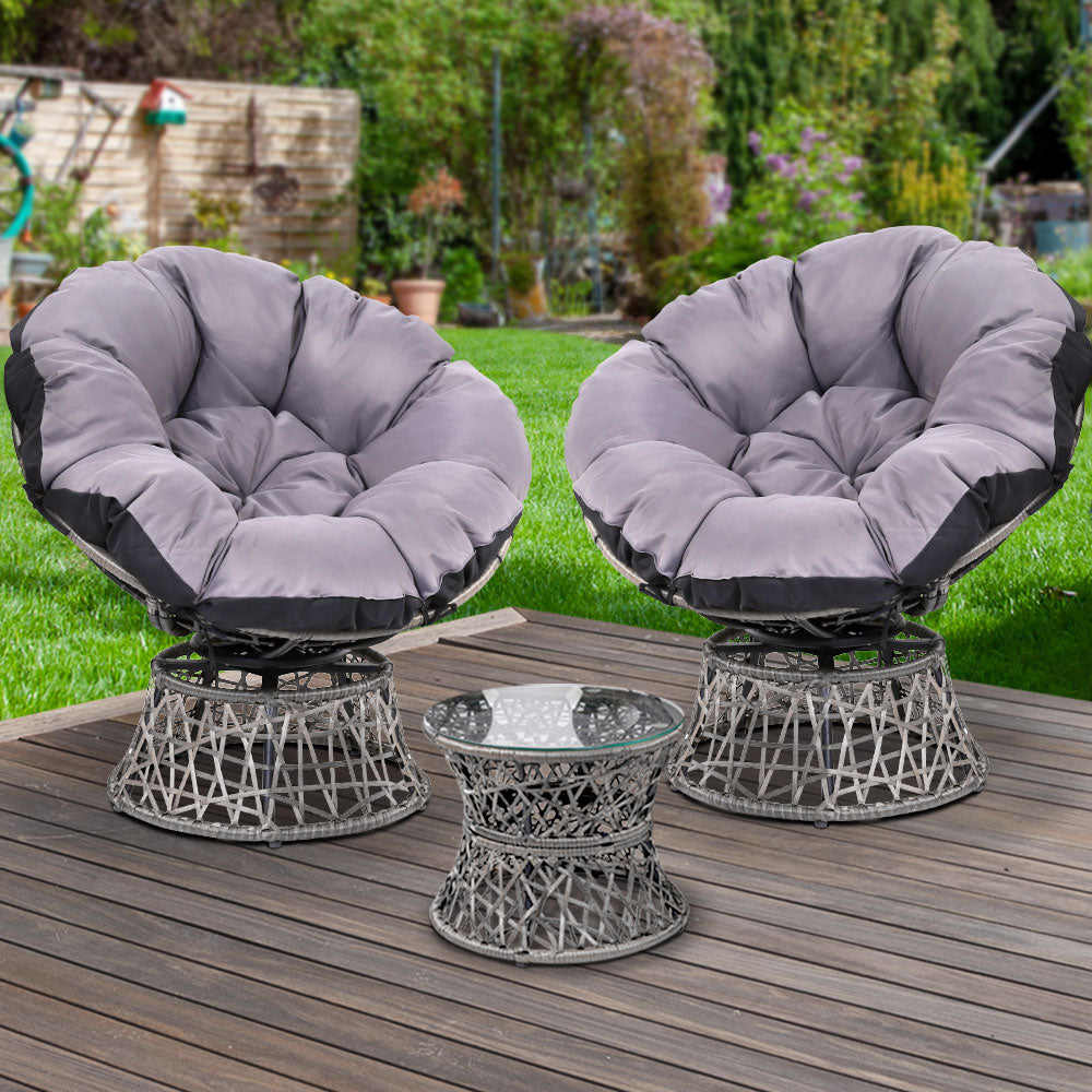 Marl 3-Piece Outdoor Papasan Chair and Table Bistro Set Lounge Setting Patio Furniture Wicker - Grey