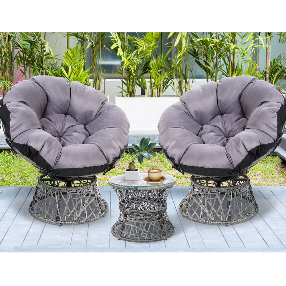 Marl 3-Piece Outdoor Papasan Chair and Table Bistro Set Lounge Setting Patio Furniture Wicker - Grey