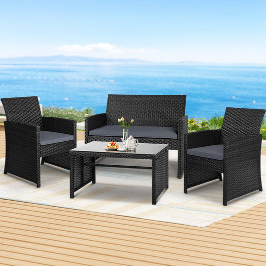 Slough 4-Seater Rattan Chair Table Setting Garden Furniture 4-Piece Outdoor Sofa Set - Black