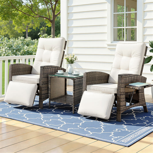 Aloura 3-Piece Outdoor Bistro Set Recliner Chairs Table Sun lounge Patio Furniture Wicker Adjustable - Natural