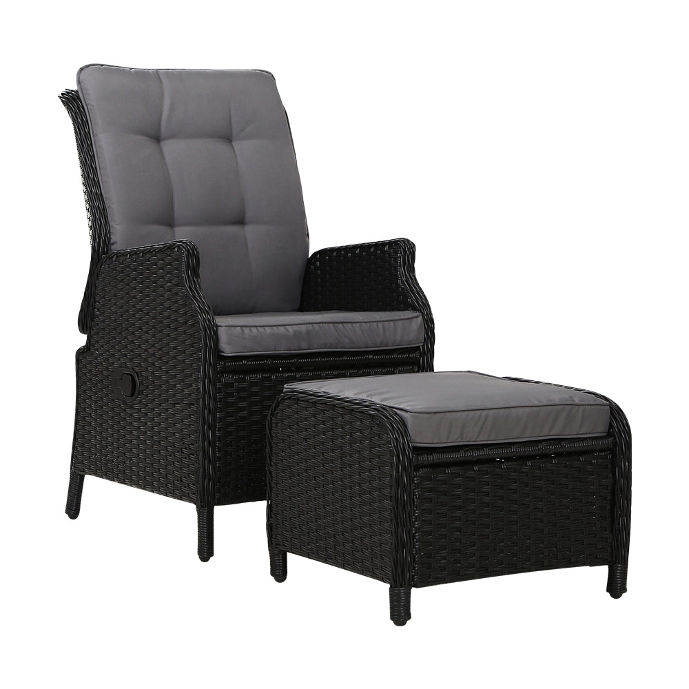 Yeovil Recliner Chair Outdoor Furniture Setting Patio Wicker Sofa Chair and Ottoman - Black