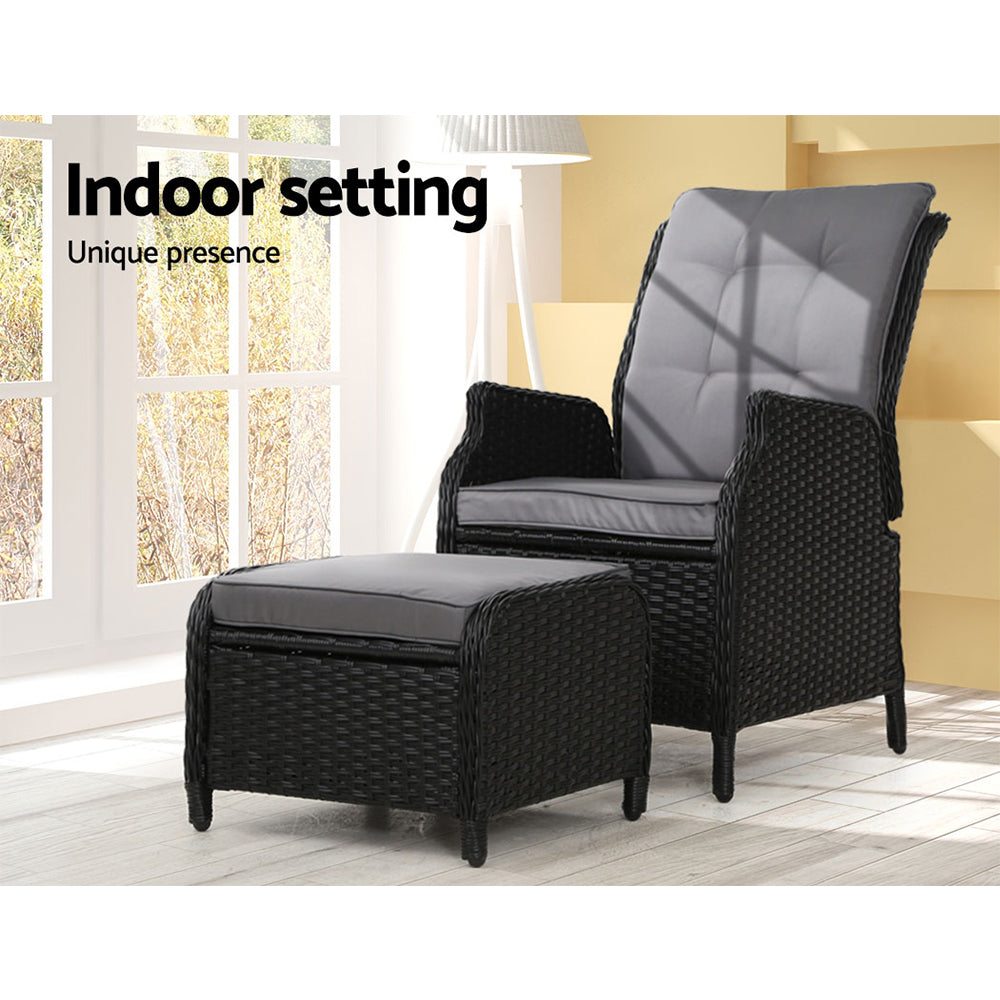 Yeovil Recliner Chair Outdoor Furniture Setting Patio Wicker Sofa Chair and Ottoman - Black