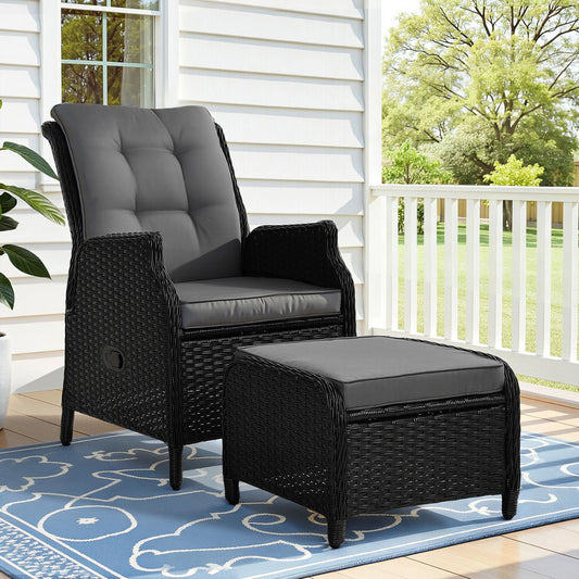 Yeovil Recliner Chair Outdoor Furniture Setting Patio Wicker Sofa Chair and Ottoman - Black