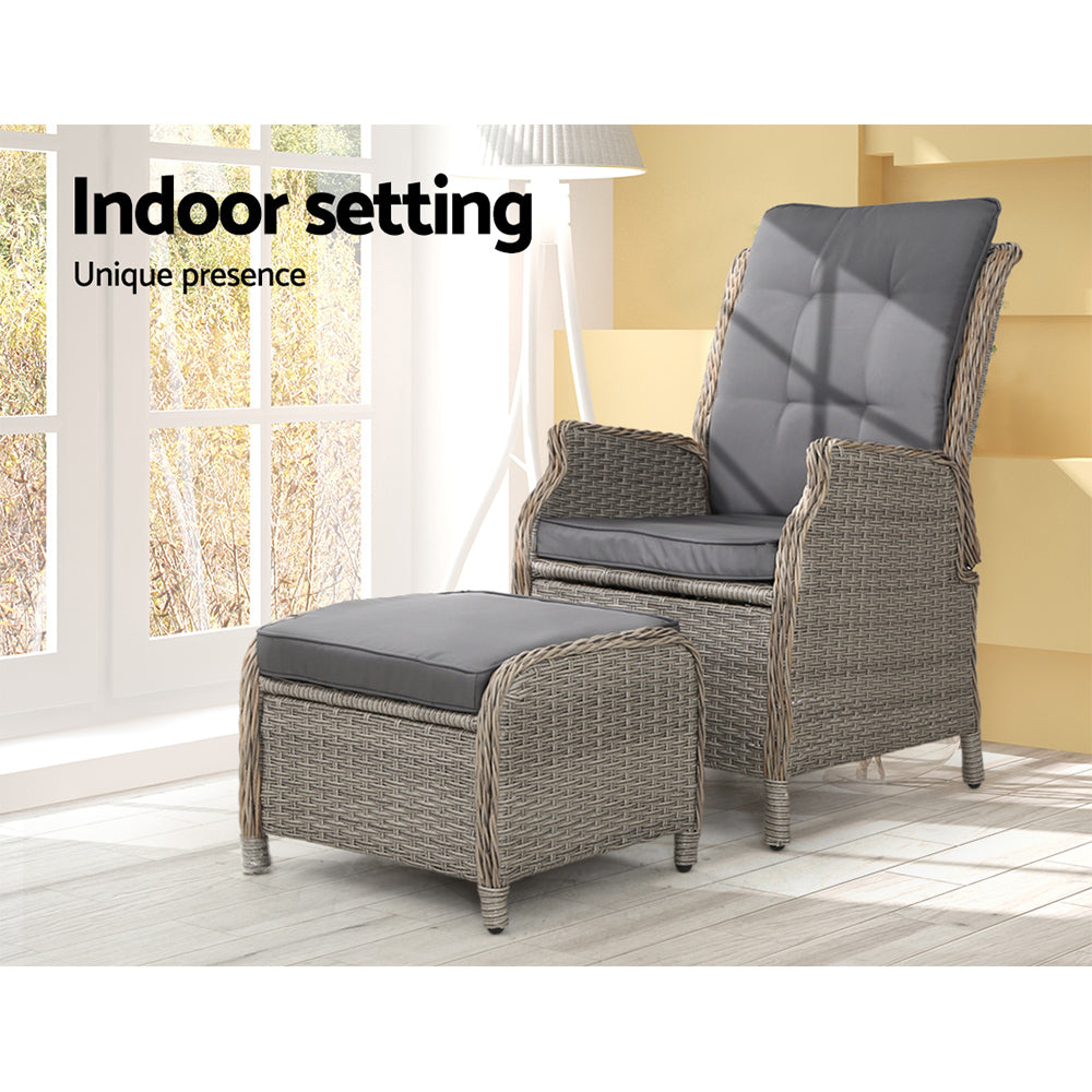 Yeovil Recliner Chair Outdoor Furniture Setting Patio Wicker Sofa Chair and Ottoman - Grey