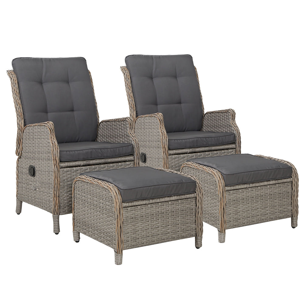 Yeovil Set of 2 Recliner Chair Outdoor Furniture Setting Patio Wicker Sofa Chair and Ottoman - Grey