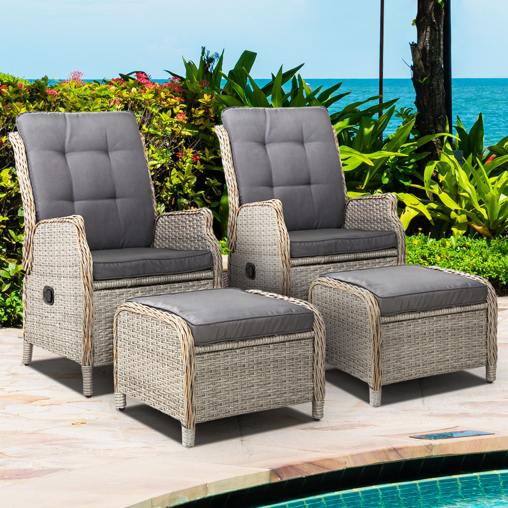 Yeovil Set of 2 Recliner Chair Outdoor Furniture Setting Patio Wicker Sofa Chair and Ottoman - Grey