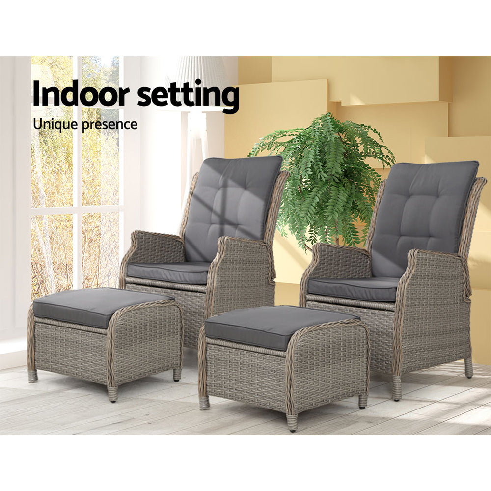 Yeovil Set of 2 Recliner Chair Outdoor Furniture Setting Patio Wicker Sofa Chair and Ottoman - Grey