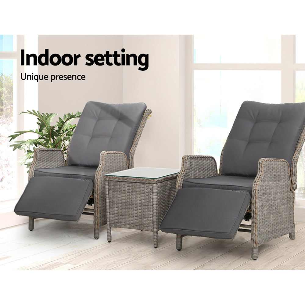 Kaedra 3-Piece Recliner Chairs Table Sun lounge Outdoor Furniture Wicker Adjustable - Grey