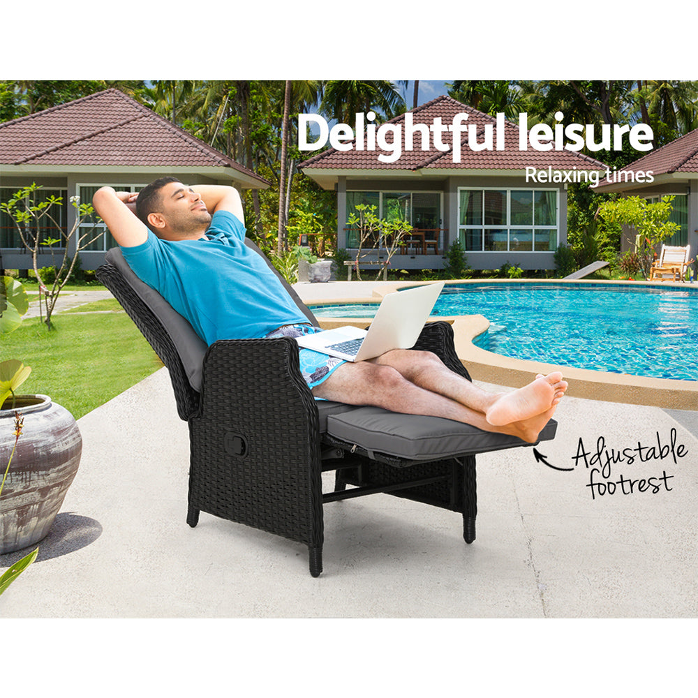 Moore Recliner Chairs Setting Outdoor Furniture Patio Wicker Sofa - Black