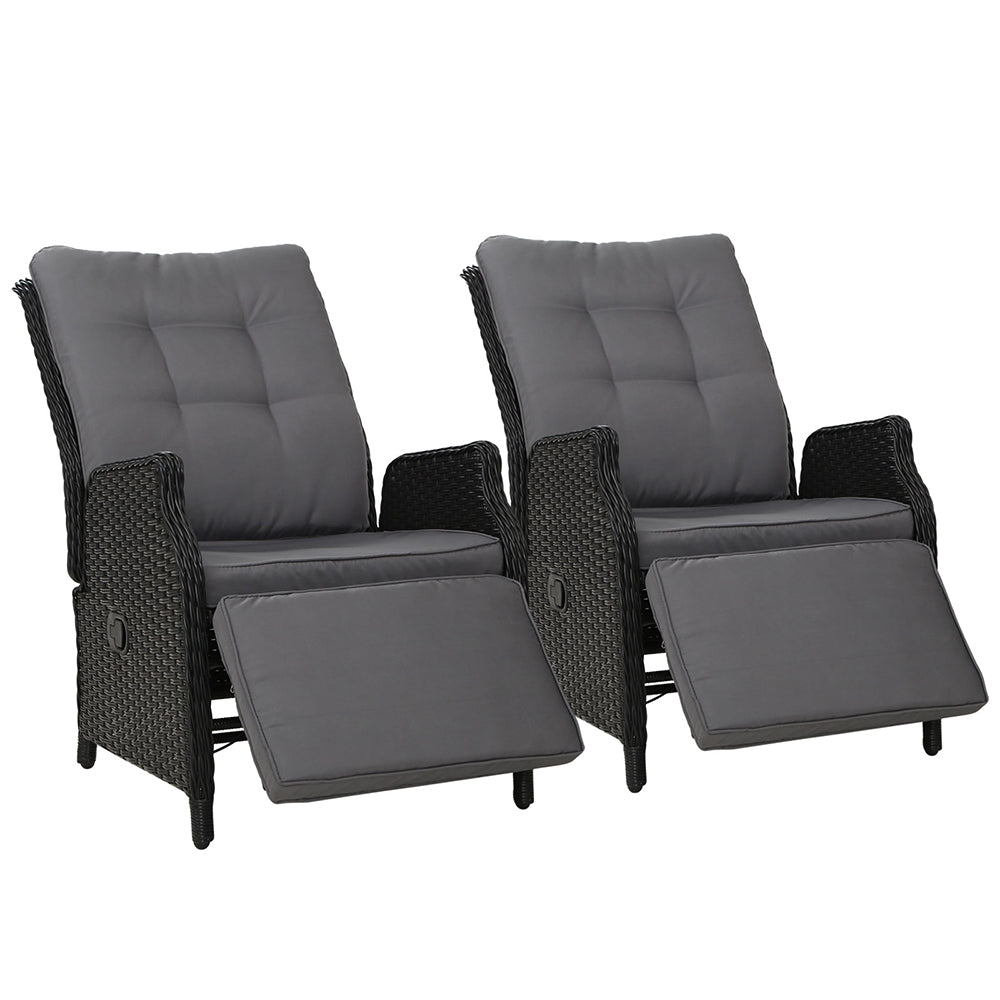 Moore Set of 2 Recliner Chairs Setting Outdoor Furniture Patio Wicker Sofa - Black