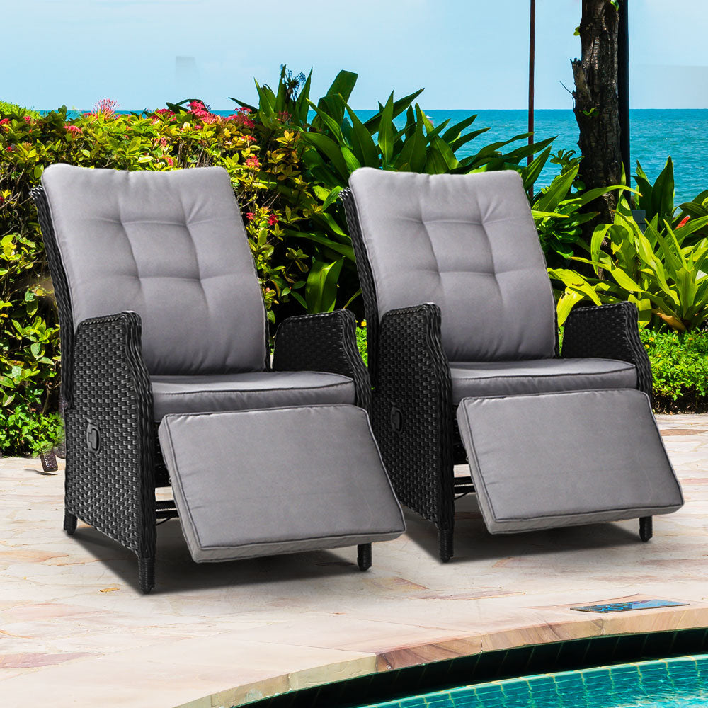 2‑Pc Outdoor Wicker Recliner Chairs – Black Sun Lounge Set