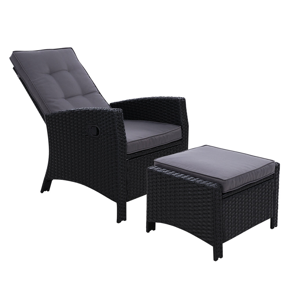 Dursley Recliner Chair Outdoor Furniture Setting Patio Wicker Sofa Chair and Ottoman - Black