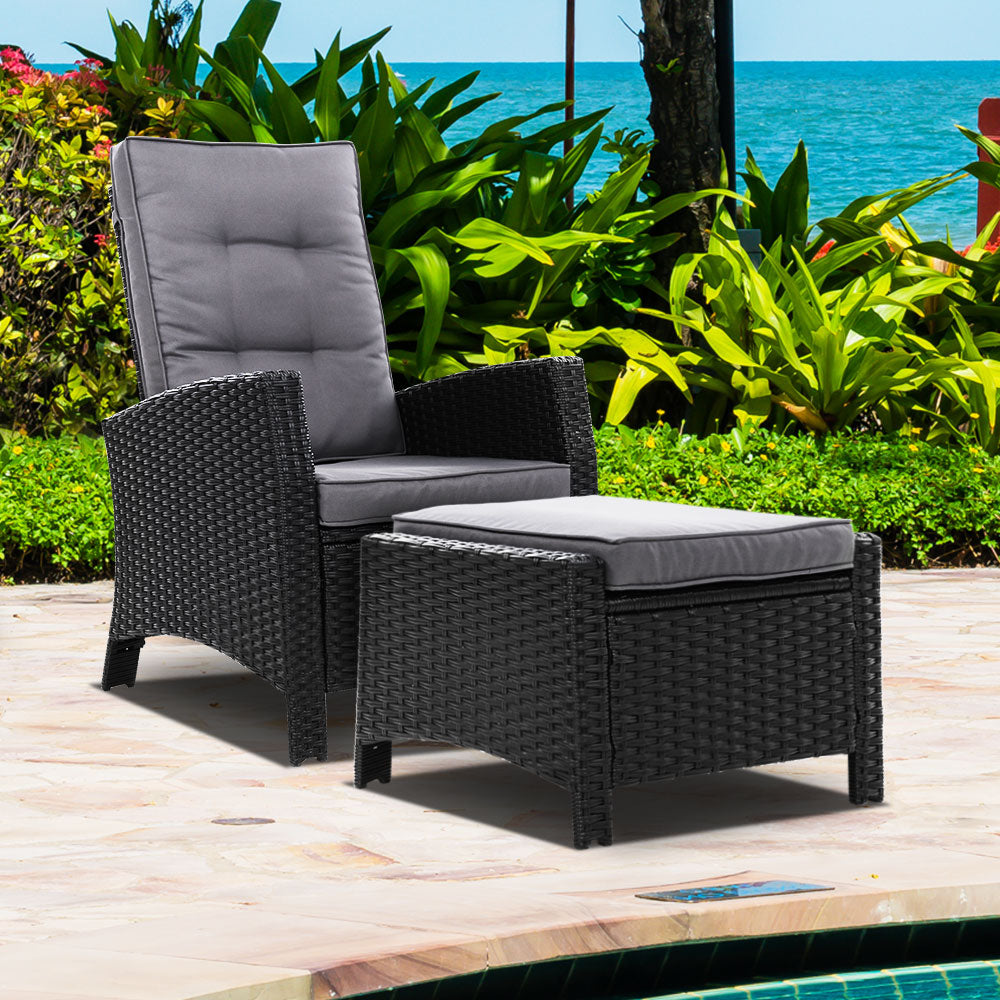 Dursley Recliner Chair Outdoor Furniture Setting Patio Wicker Sofa Chair and Ottoman - Black