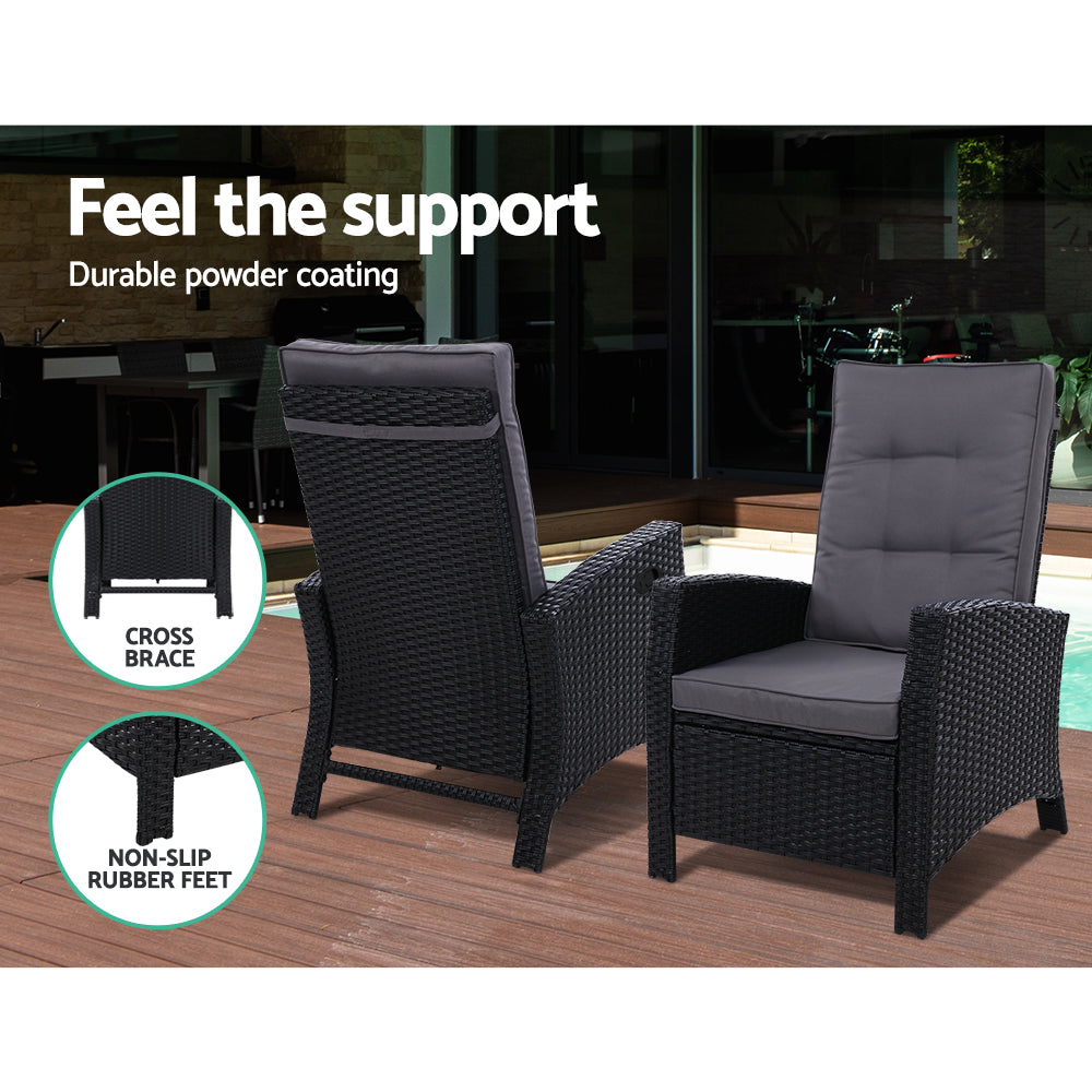 Dursley Recliner Chair Outdoor Furniture Setting Patio Wicker Sofa Chair and Ottoman - Black