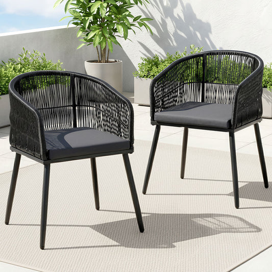 Selwyn Set of 2 Outdoor Dining Chairs Wicker Chair Patio Furniture Garden Steel - Black