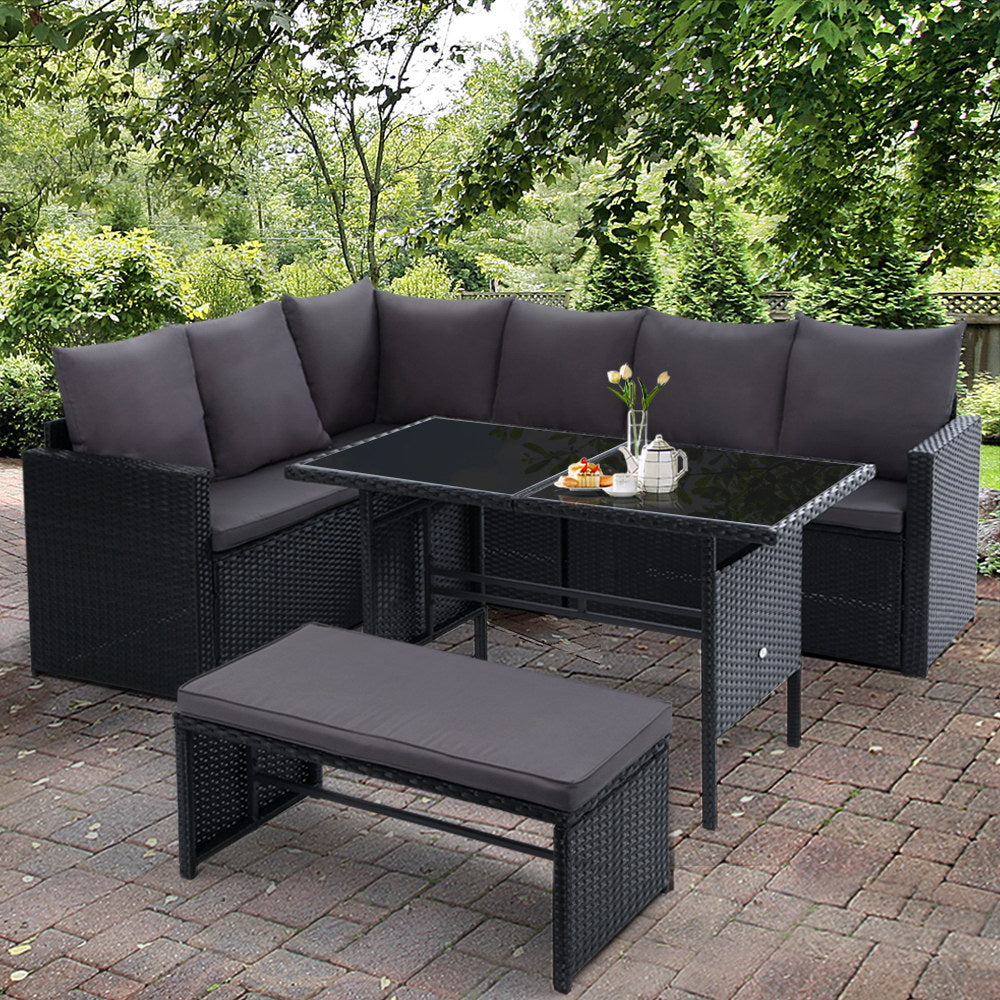 Morgan 8-Seater Furniture Dining Lounge Wicker 5-Piece Outdoor Sofa - Black