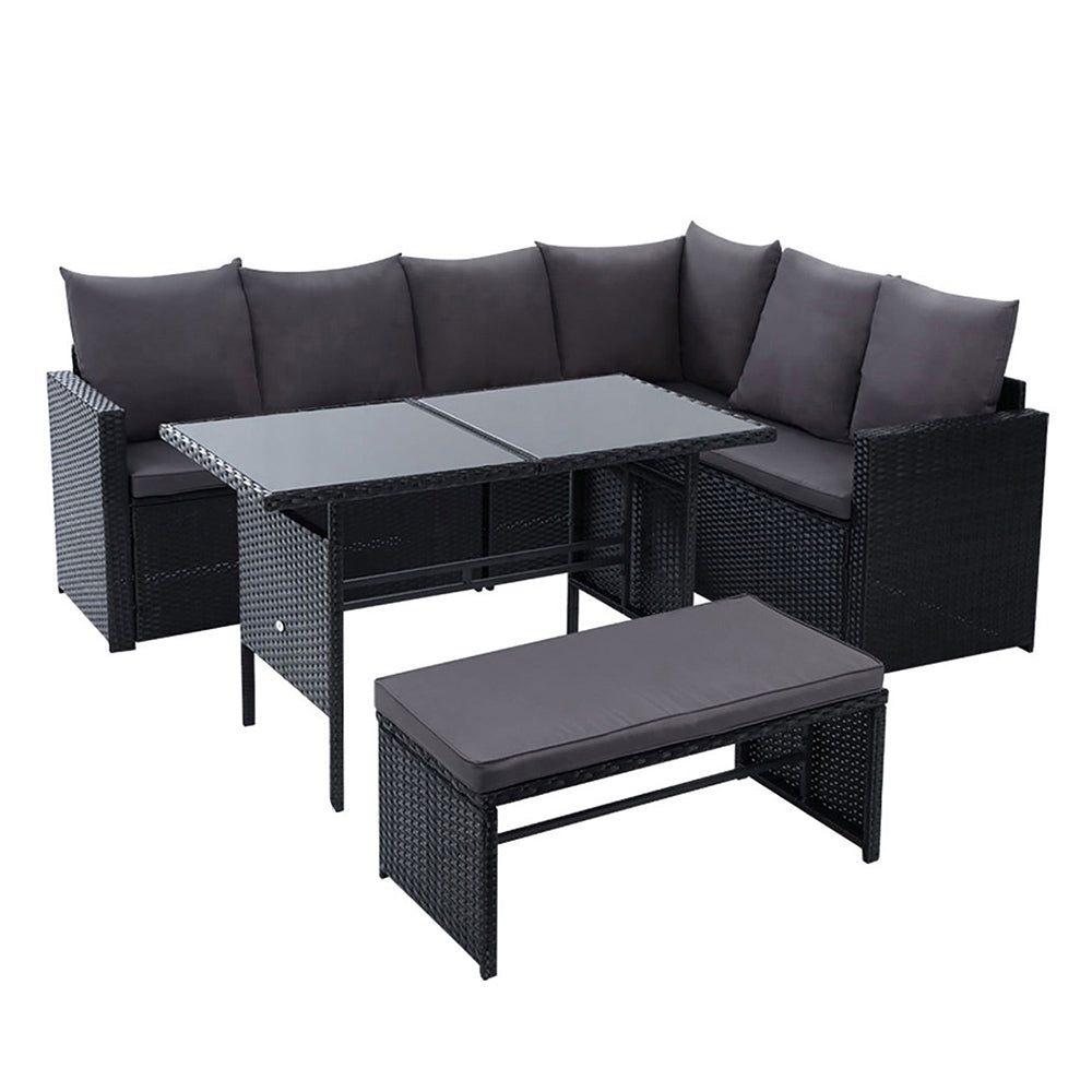 Morgan 8-Seater Furniture Dining Wicker 5-Piece Outdoor Sofa with Storage Cover - Black