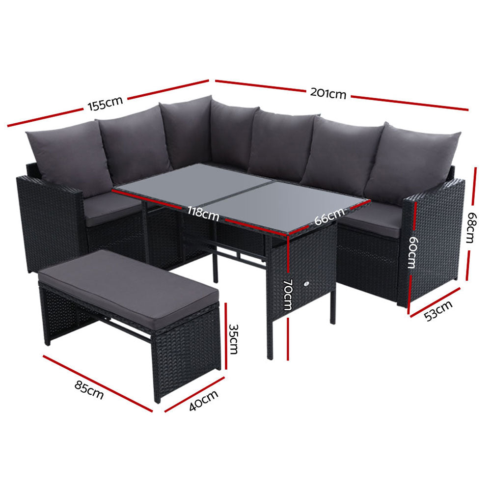 Morgan 8-Seater Furniture Dining Wicker 5-Piece Outdoor Sofa with Storage Cover - Black