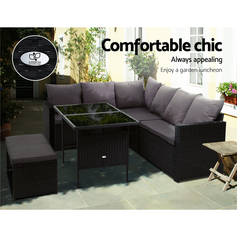 Morgan 8-Seater Furniture Dining Wicker 5-Piece Outdoor Sofa with Storage Cover - Black