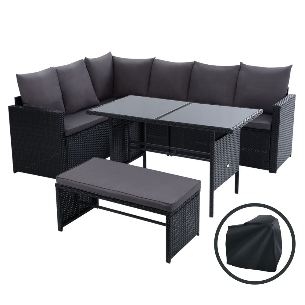 Morgan 8-Seater Furniture Dining Wicker 5-Piece Outdoor Sofa with Storage Cover - Black