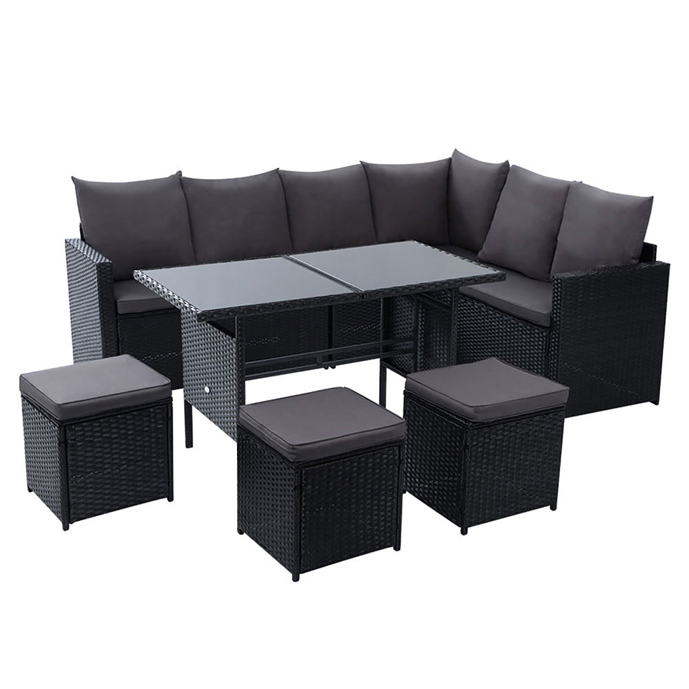 David 9-Seater Furniture Dining Lounge Wicker 5-Piece Outdoor Sofa - Black