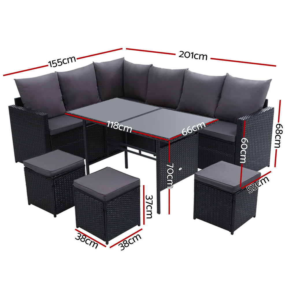 David 9-Seater Furniture Dining Lounge Wicker 5-Piece Outdoor Sofa - Black