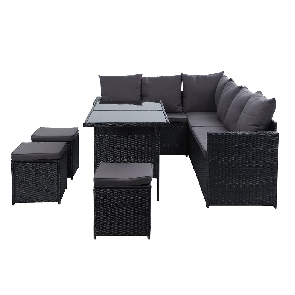 David 9-Seater Furniture Dining Lounge Wicker 5-Piece Outdoor Sofa - Black