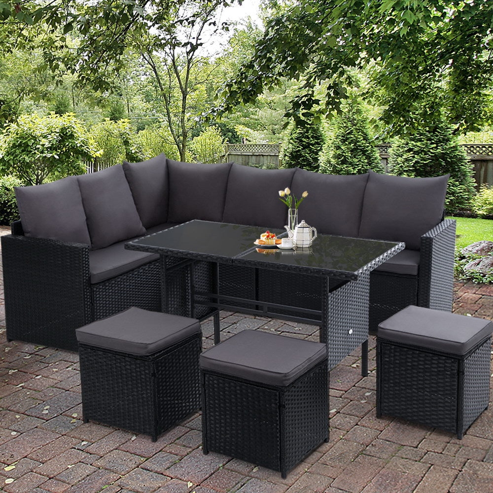 David 9-Seater Furniture Dining Lounge Wicker 5-Piece Outdoor Sofa - Black