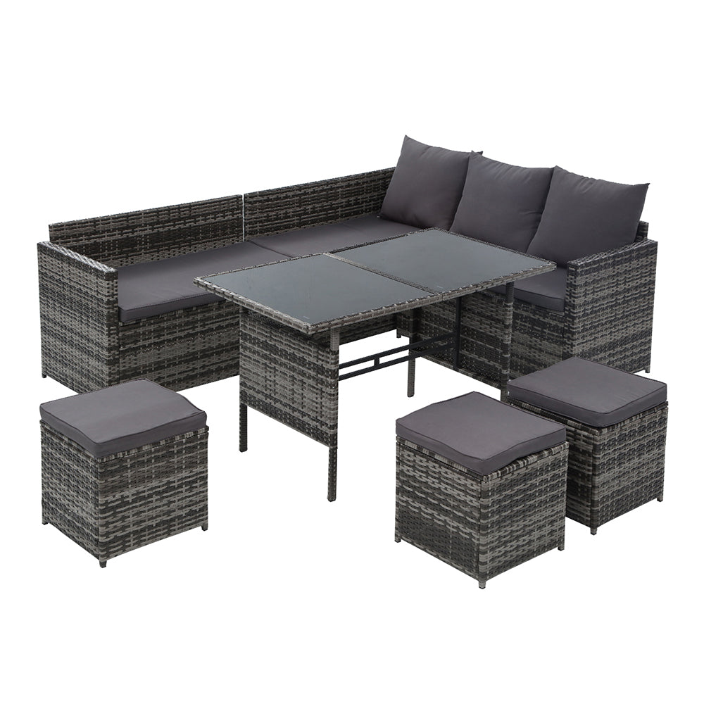 David 9-Seater Furniture Dining Lounge Wicker 5-Piece Outdoor Sofa - Mixed Grey