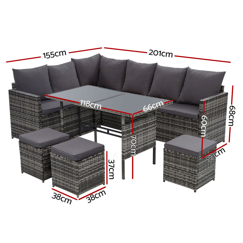 David 9-Seater Furniture Dining Lounge Wicker 5-Piece Outdoor Sofa - Mixed Grey