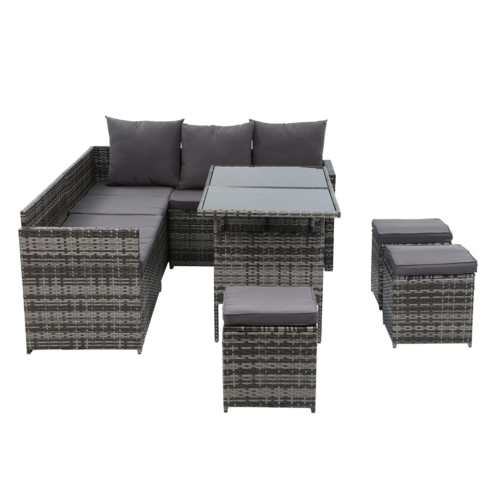 David 9-Seater Furniture Dining Lounge Wicker 5-Piece Outdoor Sofa - Mixed Grey