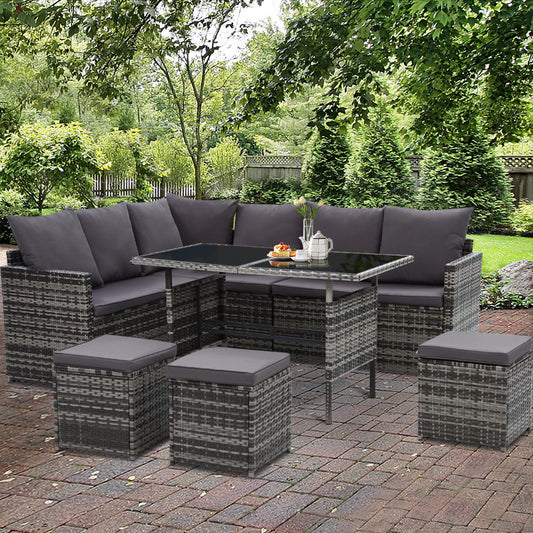 David 9-Seater Furniture Dining Lounge Wicker 5-Piece Outdoor Sofa - Mixed Grey