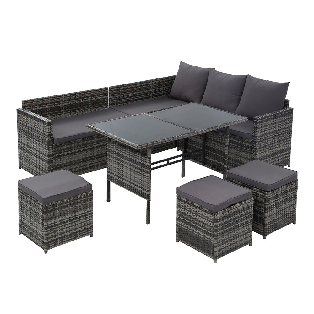 David 9-Seater Furniture Dining Wicker 5-Piece Outdoor Sofa with Storage Cover - Mixed Grey