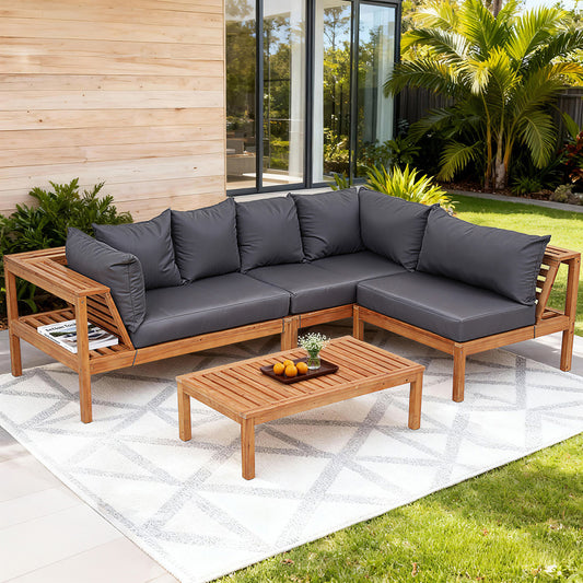 Cenburg 5-Seater Outdoor Sofa Set Wooden Bench with Built-in Side Table 4-Piece - Wood Black