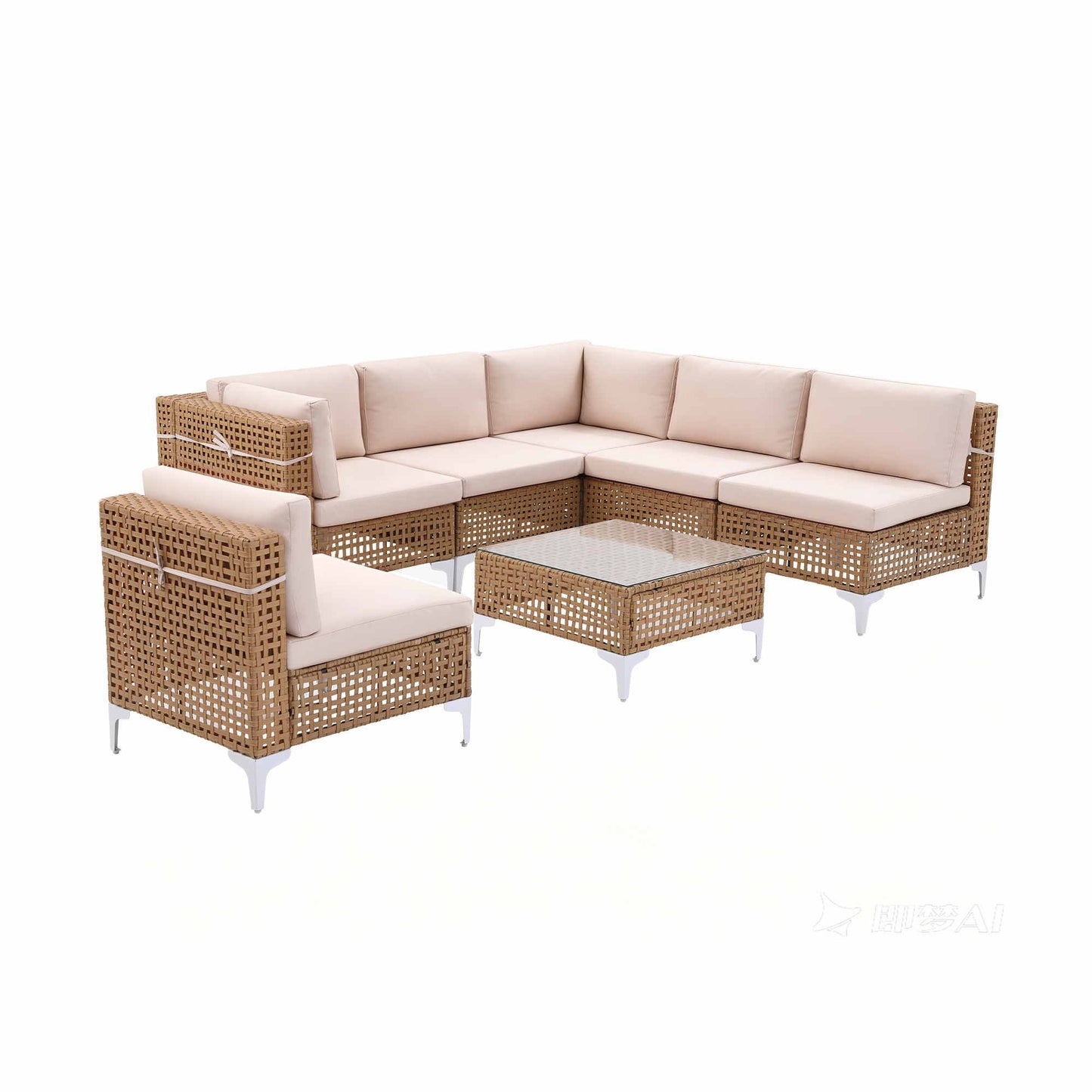 Noriel 6-Seater Outdoor Sofa Set Table Chair Set Garden Rattan Patio Furniture 7-Piece - Beige