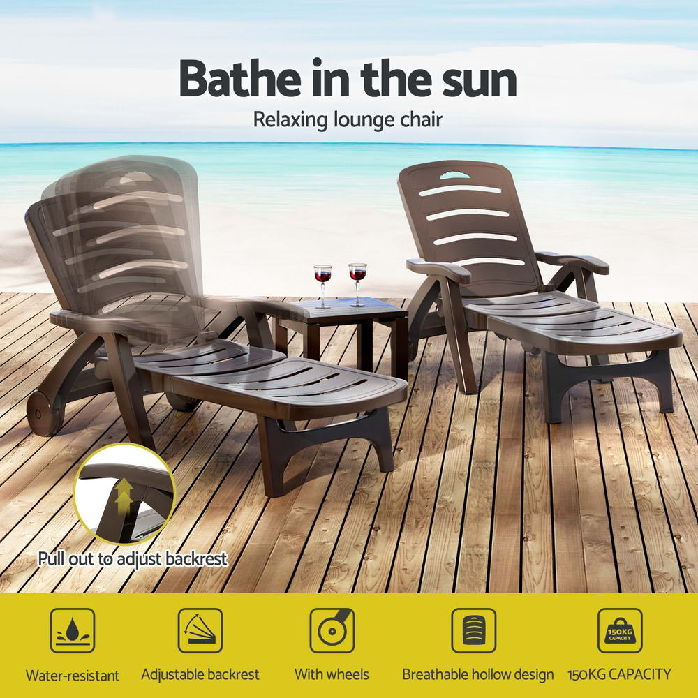 Nemy Sun Lounger Folding Lounge Chair Wheels Patio Outdoor Furniture - Brown