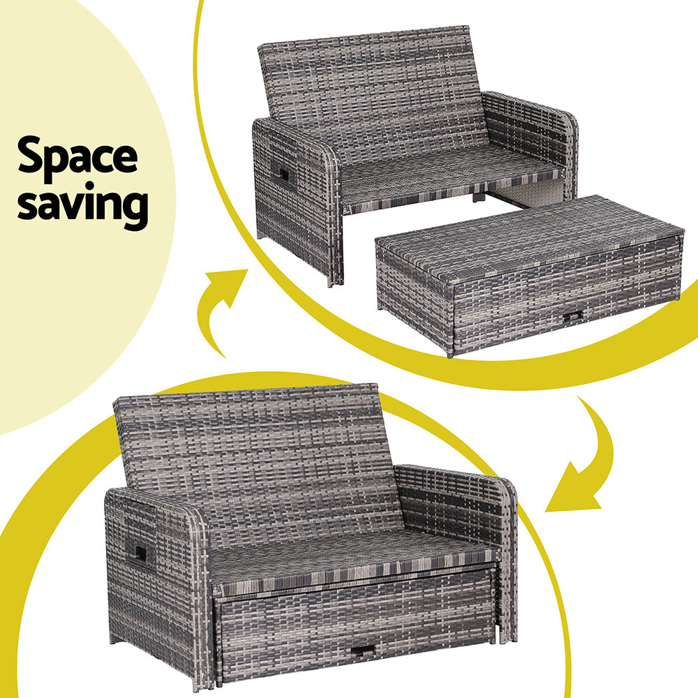 Gray wicker outdoor furniture set with space-saving design on a white background