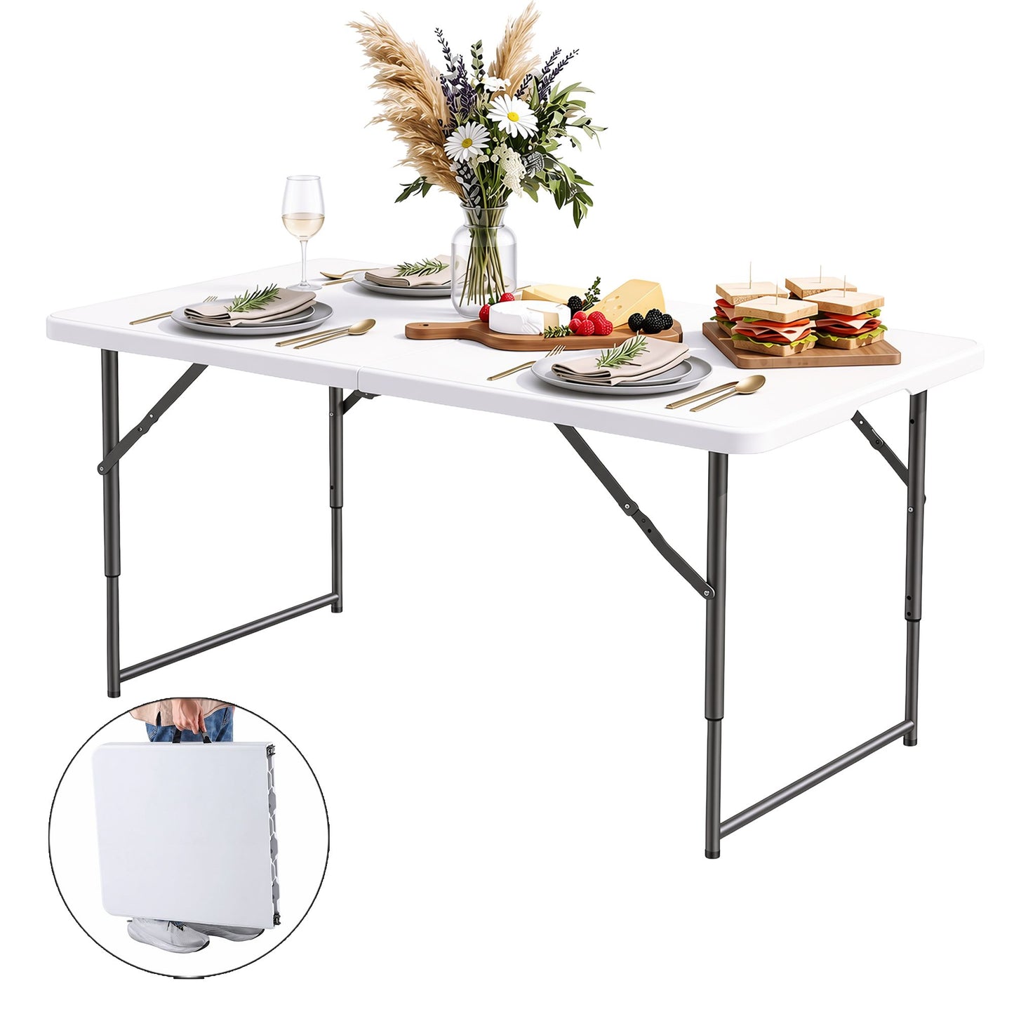 123cm Folding Table Portable Fold-in-Half with Handle Camping Picnic Adjustable Height