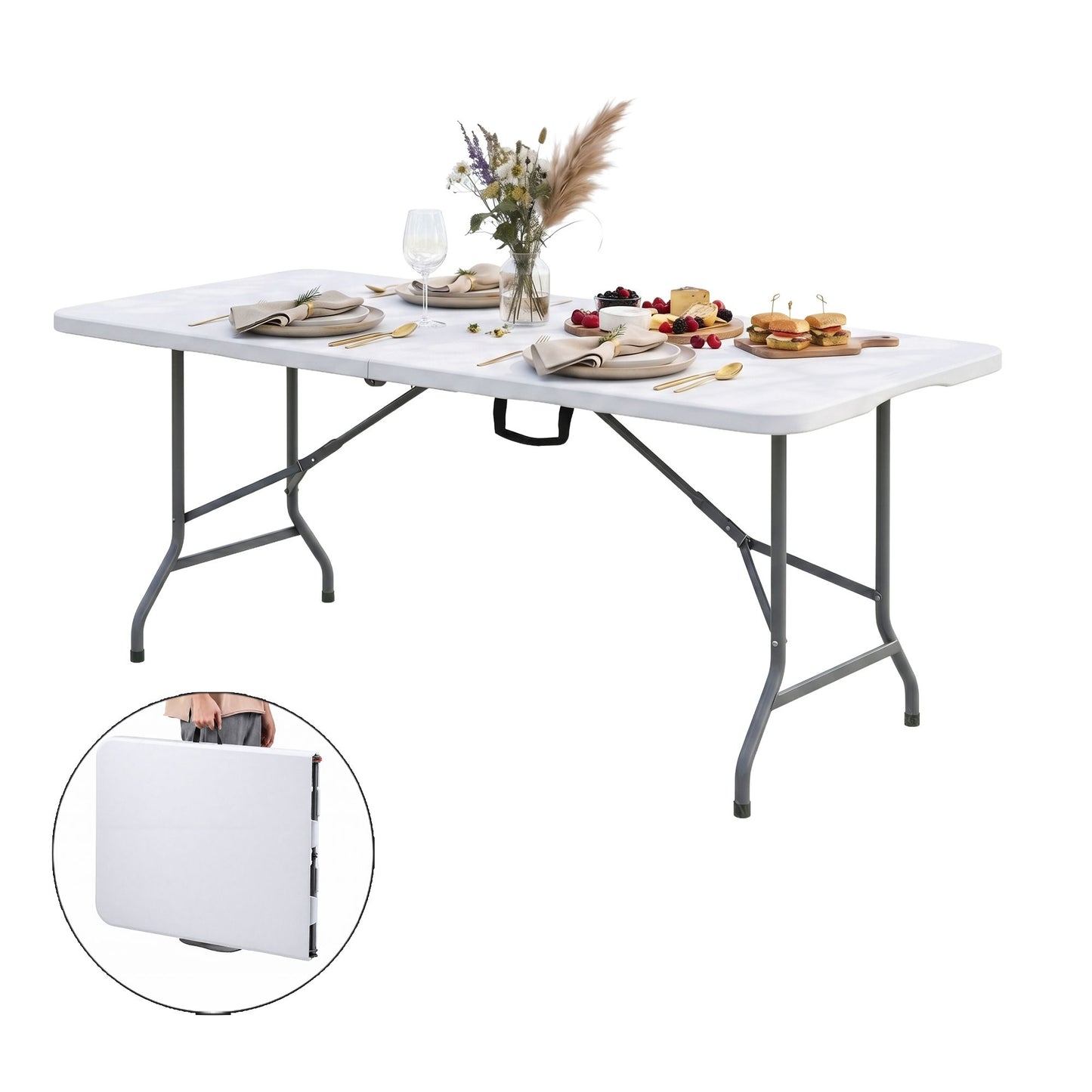180cm Folding Table Portable Fold-in-Half with Handle Camping Picnic - White