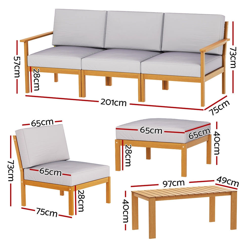 Aden 5-Seater Wooden Garden Table Chairs 6-Piece Outdoor Sofa - Wood