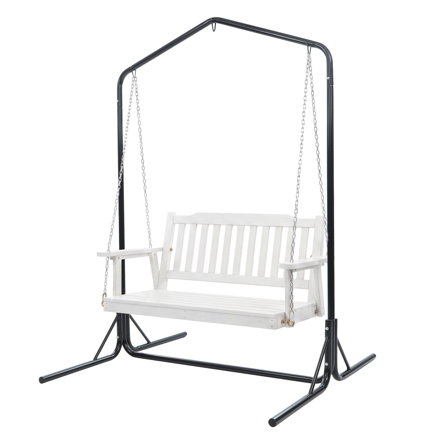 Ulric Wooden 2-Seater Outdoor Swing Chair with Black Stand White Hanging Chair - White