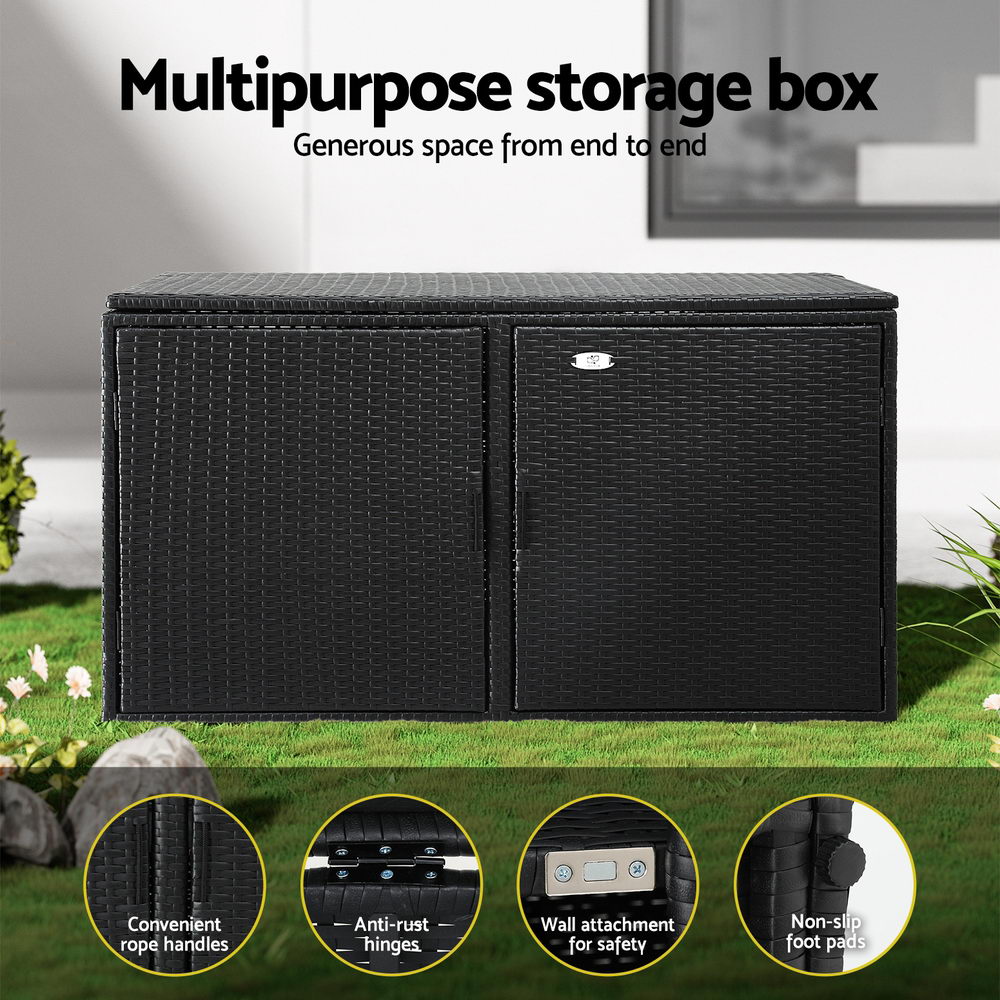 Black storage box with features highlighted on a grassy background
