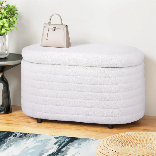 Storage Ottoman Blanket Box 87cm Bouclé Fabric Oval - White