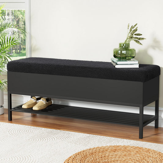 110cm Storage Ottoman Blanket Box Bouclé Shelf - Black
