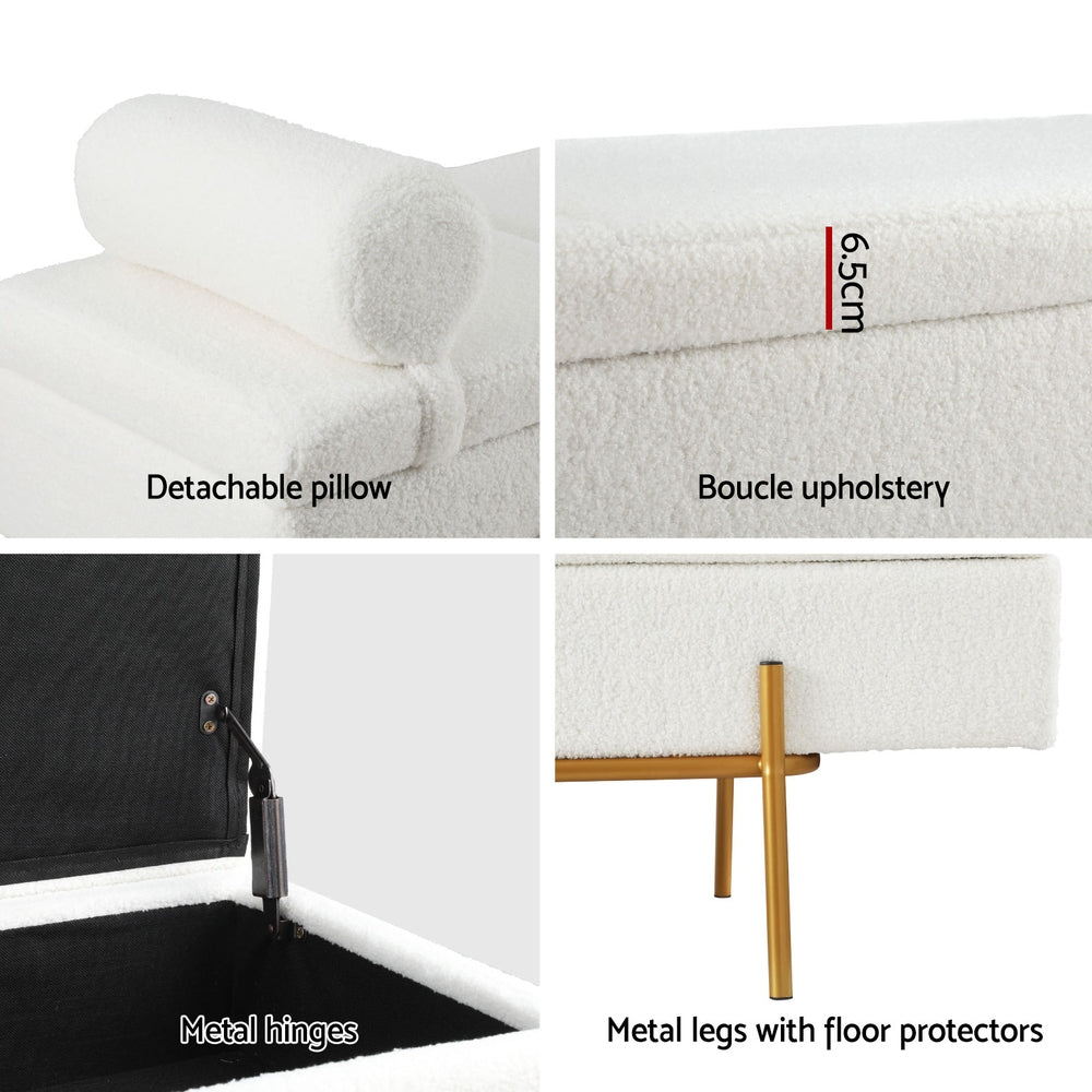 Storage Ottoman Bed 140cm Pillow Bouclé Fabric - White
