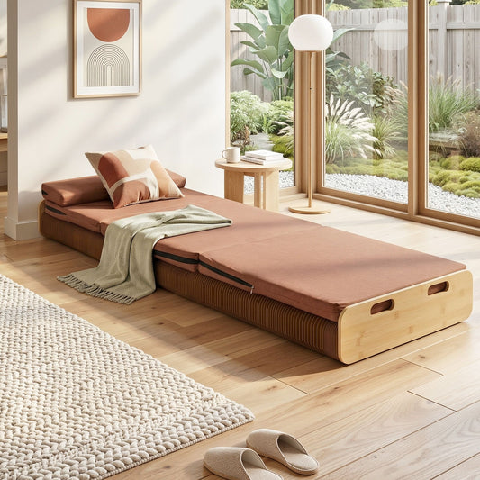 Brook Folding Kraft Paper Bed Frame with Mattress and Pillow - Brown