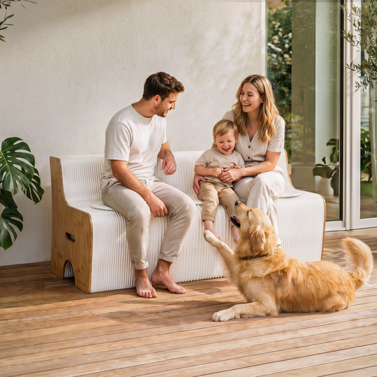 Mara 3 Seater Folding Kraft Paper Sofa Accordion Bench with PU Leather Cushion - White and Wood