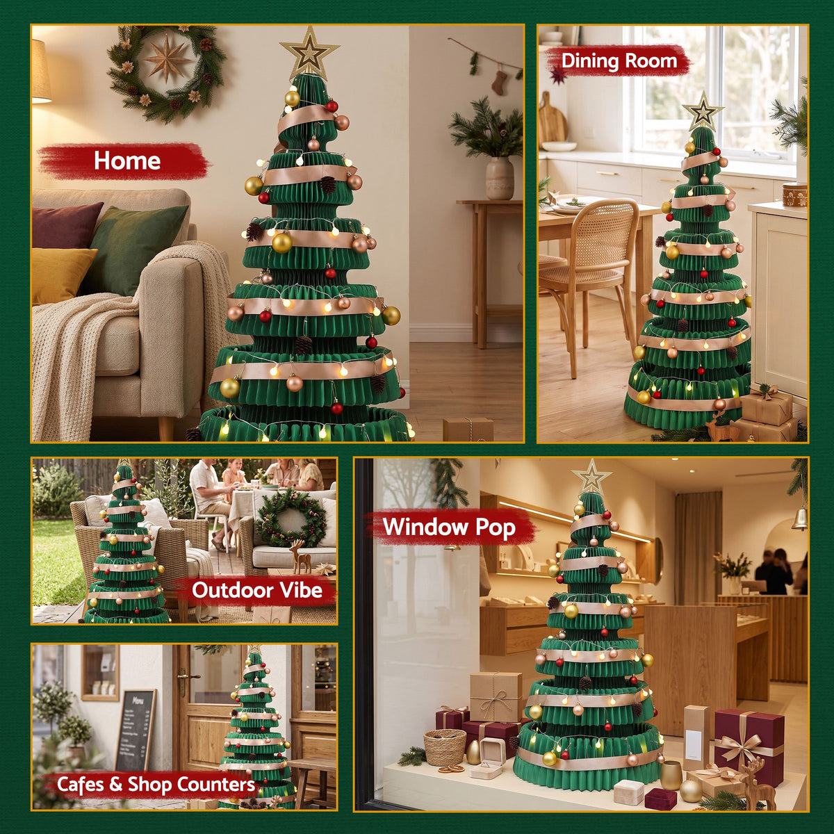 3.6ft 111cm Paper Christmas Tree with Star Topper LEDs Xmas Decorations Kit Green