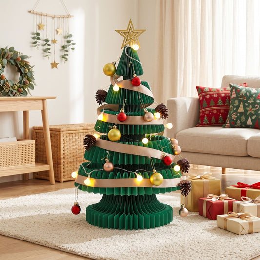 2ft 62cm Paper Christmas Tree with Star Topper LEDs Xmas Decorations Kit Green